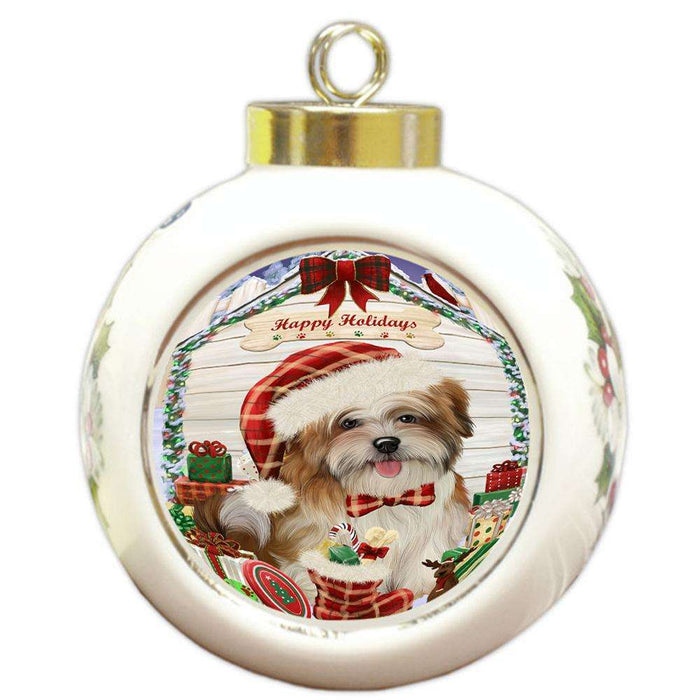 Happy Holidays Christmas Malti Tzu Dog House With Presents Round Ball Christmas Ornament RBPOR52106