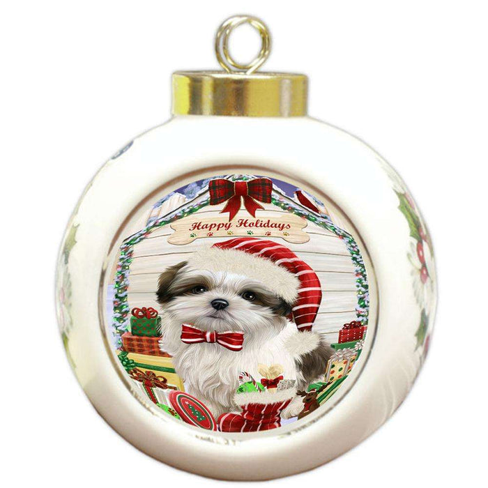 Happy Holidays Christmas Malti Tzu Dog House With Presents Round Ball Christmas Ornament RBPOR52107