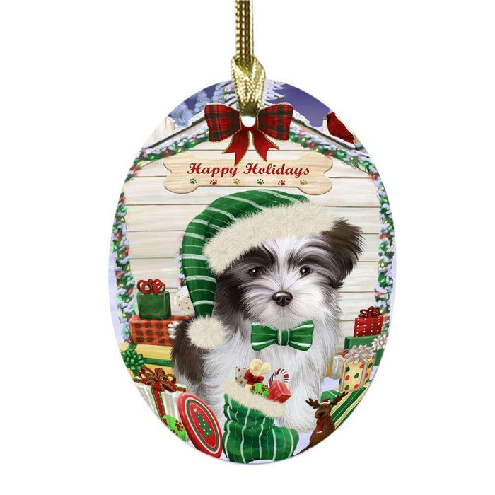 Happy Holidays Christmas Malti Tzu House With Presents Oval Glass Christmas Ornament OGOR49899