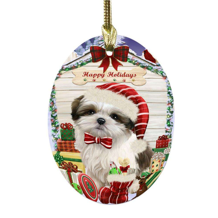 Happy Holidays Christmas Malti Tzu House With Presents Oval Glass Christmas Ornament OGOR49901