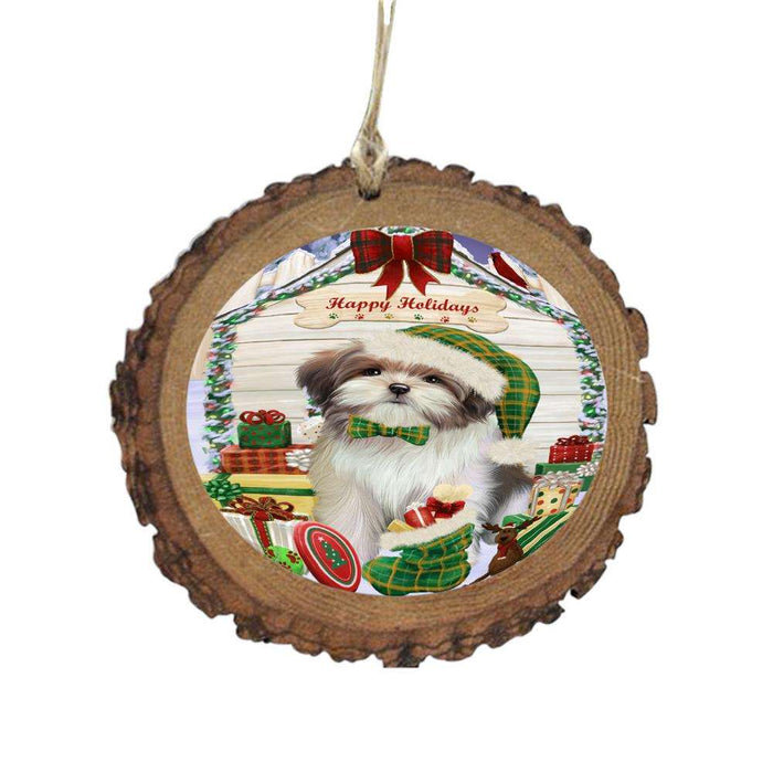 Happy Holidays Christmas Malti Tzu House With Presents Wooden Christmas Ornament WOR49898
