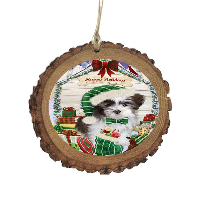 Happy Holidays Christmas Malti Tzu House With Presents Wooden Christmas Ornament WOR49899