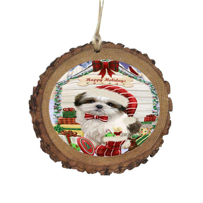 Happy Holidays Christmas Malti Tzu House With Presents Wooden Christmas Ornament WOR49901