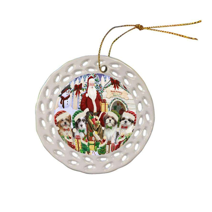 Happy Holidays Christmas Malti Tzus Dog House Gathering Ceramic Doily Ornament DPOR52086