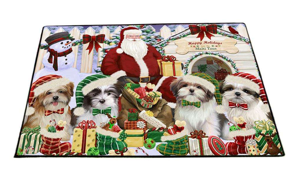 Happy Holidays Christmas Malti Tzus Dog House Gathering Floormat FLMS51486