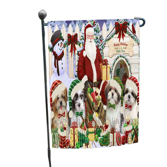 Happy Holidays Christmas Malti Tzus Dog House Gathering Garden Flag GFLG52083