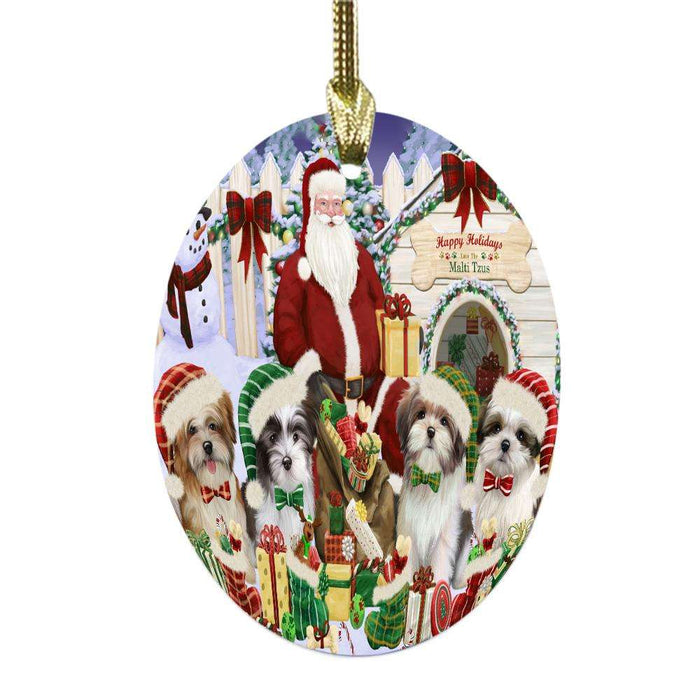 Happy Holidays Christmas Malti Tzus Dog House Gathering Oval Glass Christmas Ornament OGOR49711