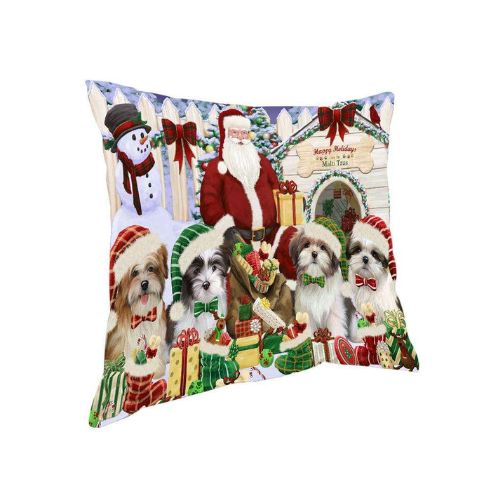Happy Holidays Christmas Malti Tzus Dog House Gathering Pillow PIL64708