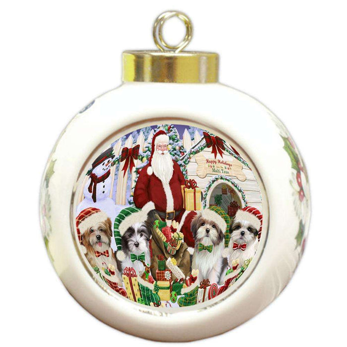 Happy Holidays Christmas Malti Tzus Dog House Gathering Round Ball Christmas Ornament RBPOR52086