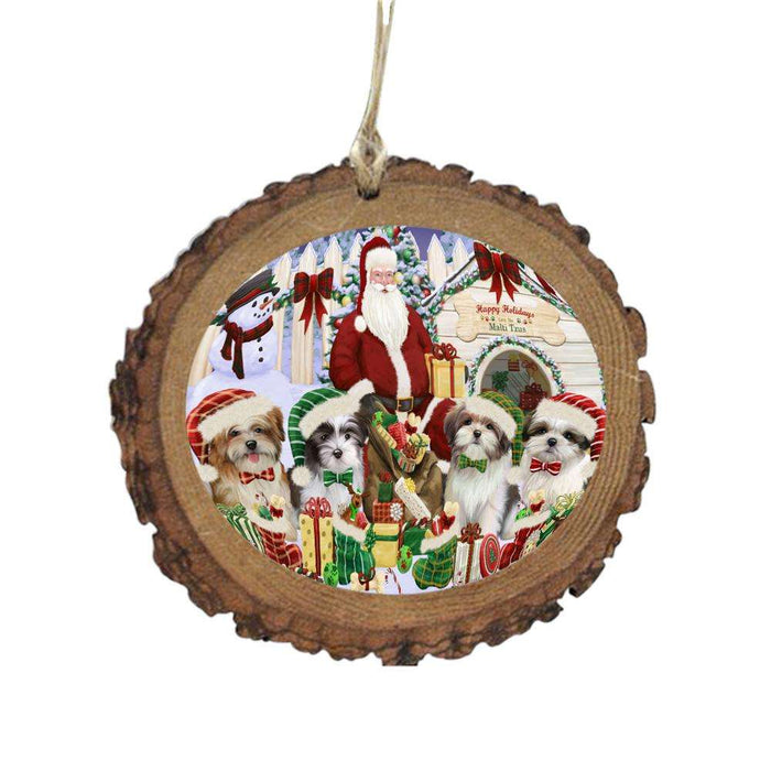 Happy Holidays Christmas Malti Tzus Dog House Gathering Wooden Christmas Ornament WOR49711