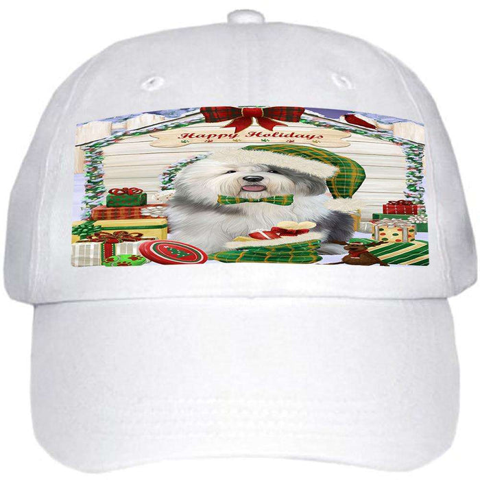 Happy Holidays Christmas Old English Sheepdog House With Presents Ball Hat Cap HAT60213
