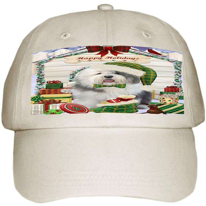 Happy Holidays Christmas Old English Sheepdog House With Presents Ball Hat Cap HAT60213