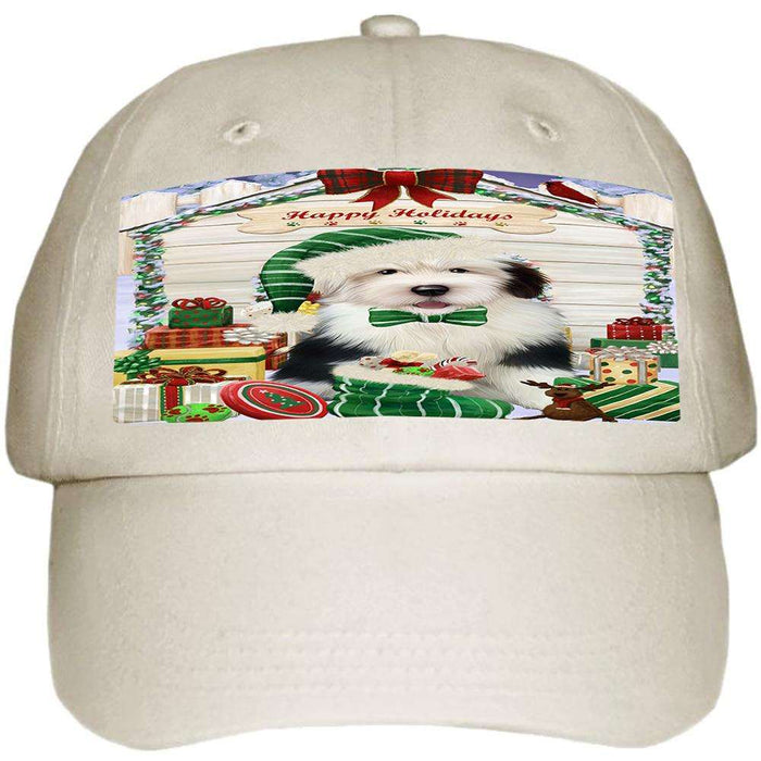 Happy Holidays Christmas Old English Sheepdog House With Presents Ball Hat Cap HAT60216