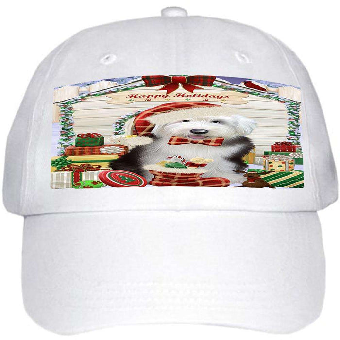 Happy Holidays Christmas Old English Sheepdog House With Presents Ball Hat Cap HAT60219