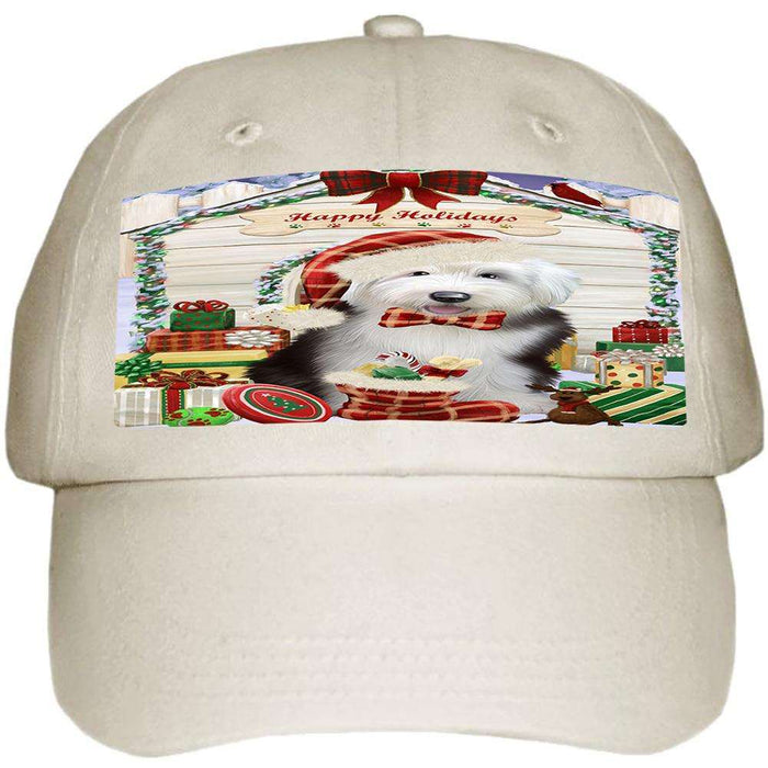 Happy Holidays Christmas Old English Sheepdog House With Presents Ball Hat Cap HAT60219