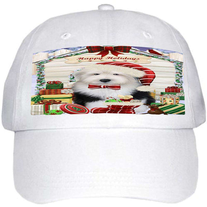 Happy Holidays Christmas Old English Sheepdog House With Presents Ball Hat Cap HAT60222