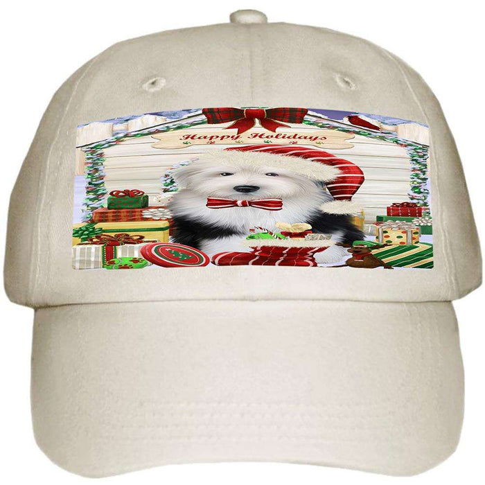 Happy Holidays Christmas Old English Sheepdog House With Presents Ball Hat Cap HAT60222