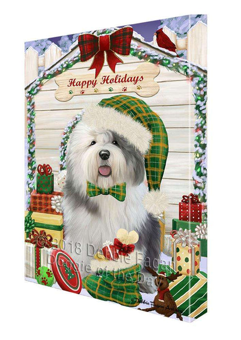 Happy Holidays Christmas Old English Sheepdog House With Presents Canvas Print Wall Art Décor CVS86237