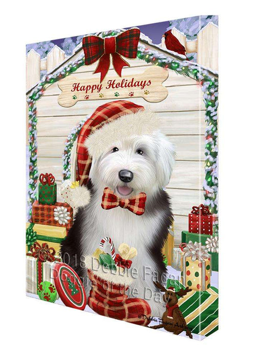 Happy Holidays Christmas Old English Sheepdog House With Presents Canvas Print Wall Art Décor CVS86255