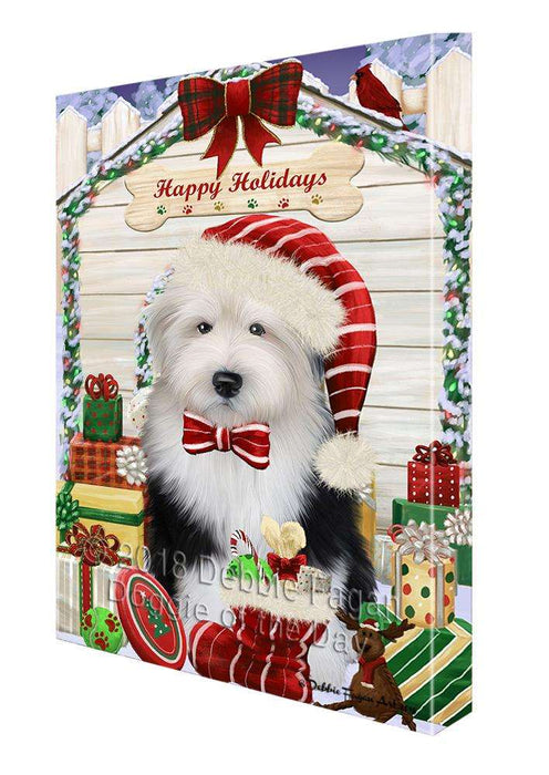 Happy Holidays Christmas Old English Sheepdog House With Presents Canvas Print Wall Art Décor CVS86264