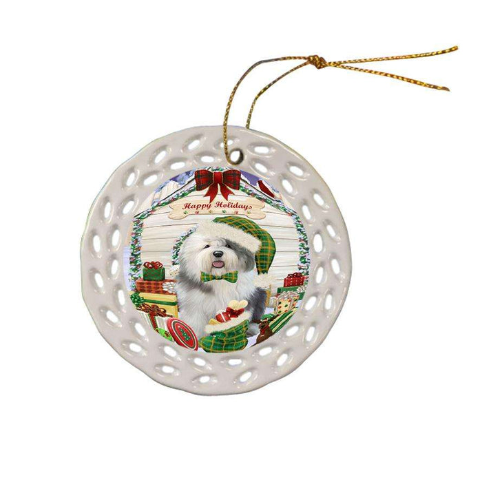 Happy Holidays Christmas Old English Sheepdog House With Presents Ceramic Doily Ornament DPOR52108
