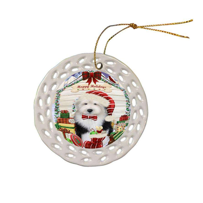 Happy Holidays Christmas Old English Sheepdog House With Presents Ceramic Doily Ornament DPOR52111