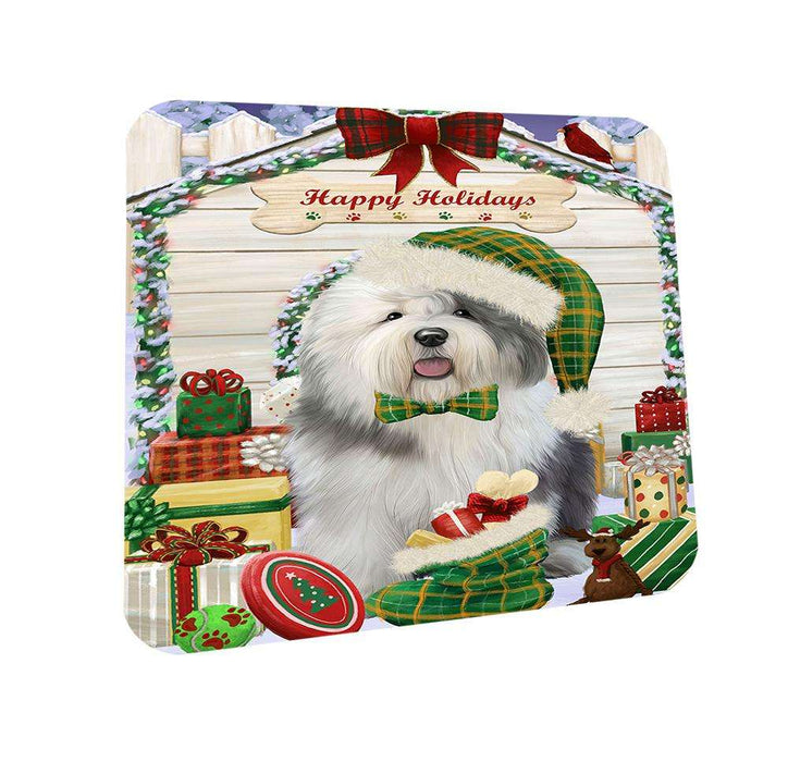 Happy Holidays Christmas Old English Sheepdog House With Presents Coasters Set of 4 CST52067