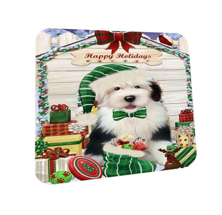 Happy Holidays Christmas Old English Sheepdog House With Presents Coasters Set of 4 CST52068