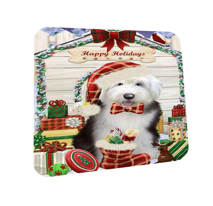 Happy Holidays Christmas Old English Sheepdog House With Presents Coasters Set of 4 CST52069