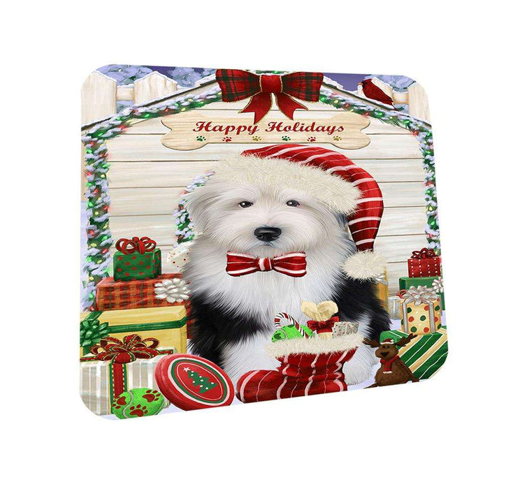 Happy Holidays Christmas Old English Sheepdog House With Presents Coasters Set of 4 CST52070