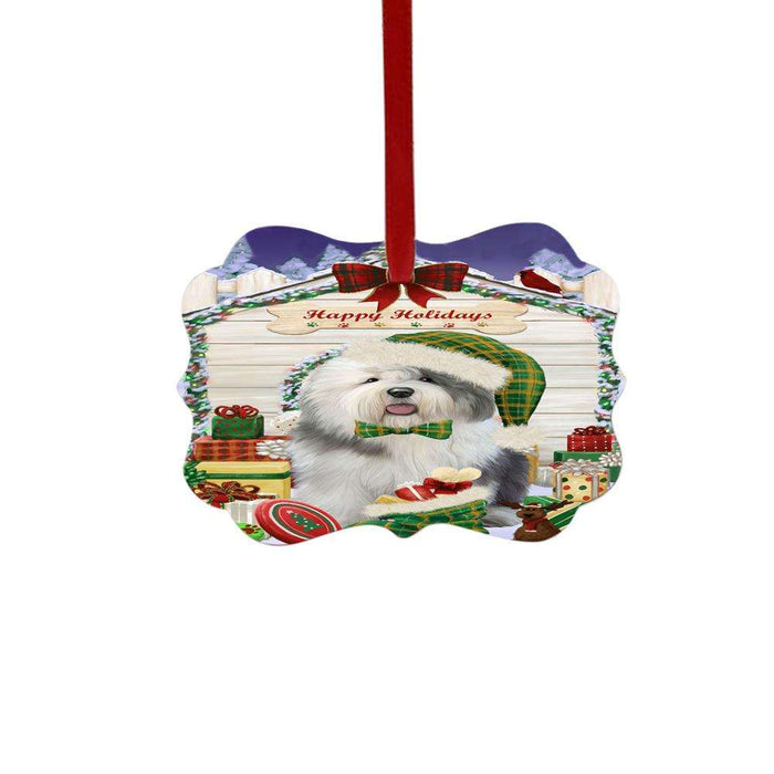 Happy Holidays Christmas Old English Sheepdog House With Presents Double-Sided Photo Benelux Christmas Ornament LOR49902