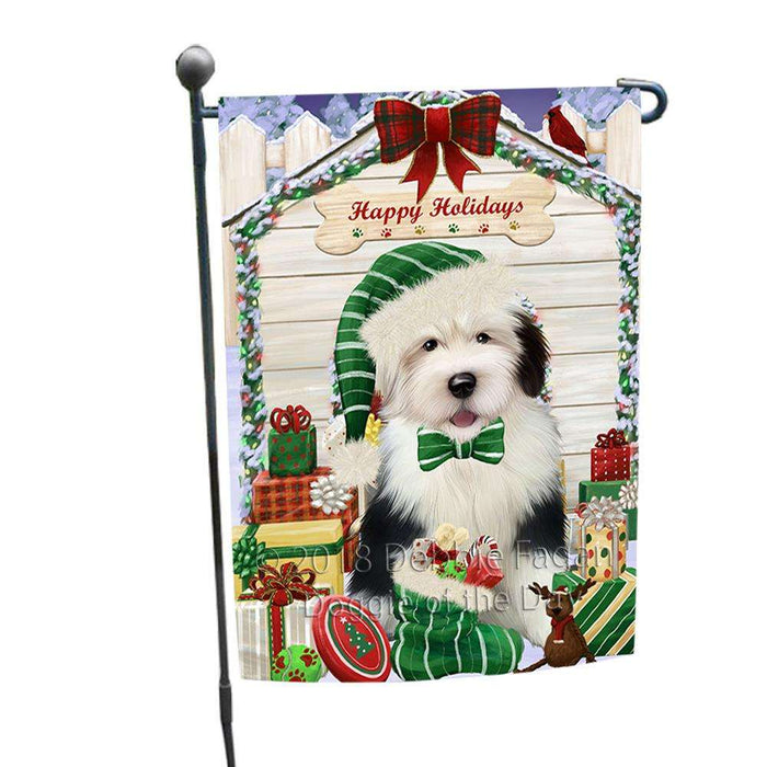 Happy Holidays Christmas Old English Sheepdog House With Presents Garden Flag GFLG52106