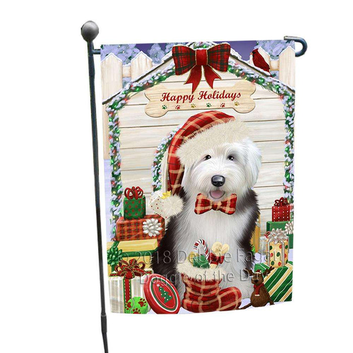 Happy Holidays Christmas Old English Sheepdog House With Presents Garden Flag GFLG52107
