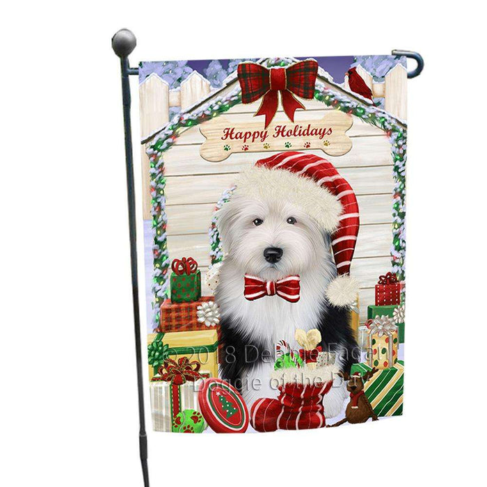 Happy Holidays Christmas Old English Sheepdog House With Presents Garden Flag GFLG52108