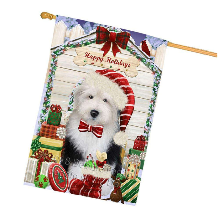 Happy Holidays Christmas Old English Sheepdog House With Presents House Flag FLG52244