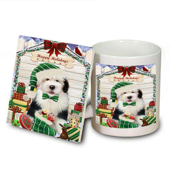 Happy Holidays Christmas Old English Sheepdog House With Presents Mug and Coaster Set MUC52101