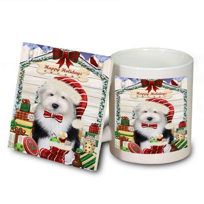 Happy Holidays Christmas Old English Sheepdog House With Presents Mug and Coaster Set MUC52103