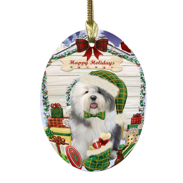 Happy Holidays Christmas Old English Sheepdog House With Presents Oval Glass Christmas Ornament OGOR49902