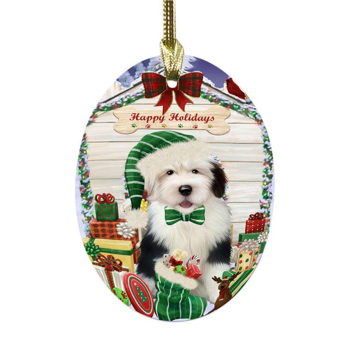 Happy Holidays Christmas Old English Sheepdog House With Presents Oval Glass Christmas Ornament OGOR49903