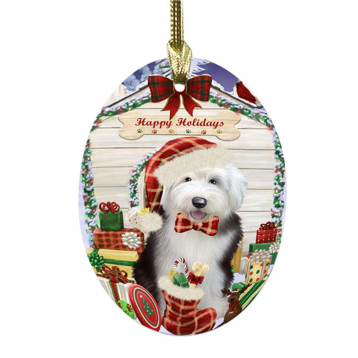 Happy Holidays Christmas Old English Sheepdog House With Presents Oval Glass Christmas Ornament OGOR49904