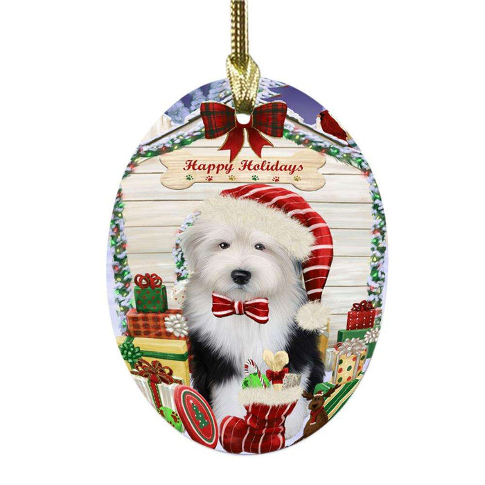 Happy Holidays Christmas Old English Sheepdog House With Presents Oval Glass Christmas Ornament OGOR49905