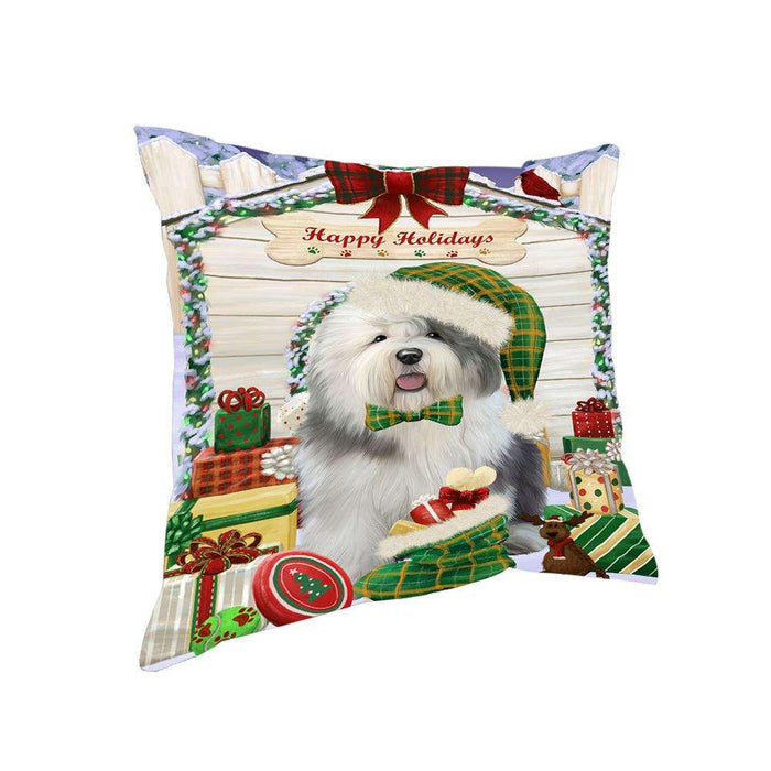 Happy Holidays Christmas Old English Sheepdog House With Presents Pillow PIL64796