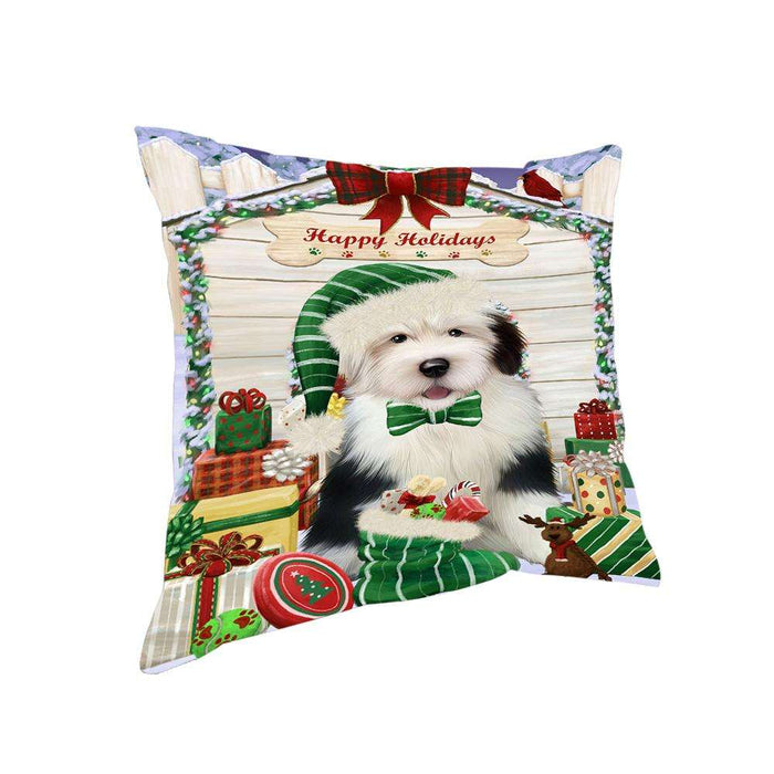 Happy Holidays Christmas Old English Sheepdog House With Presents Pillow PIL64800