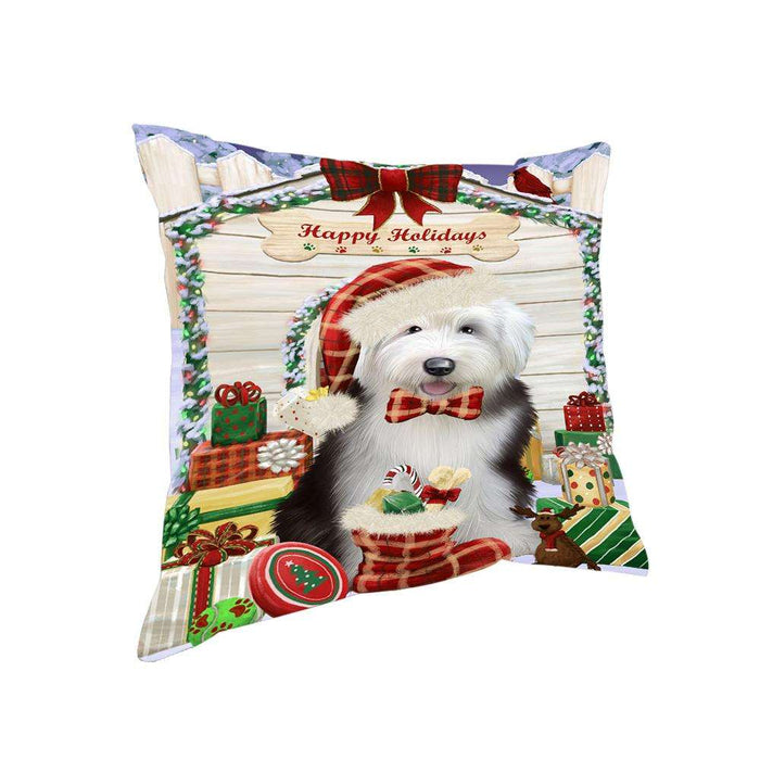 Happy Holidays Christmas Old English Sheepdog House With Presents Pillow PIL64804
