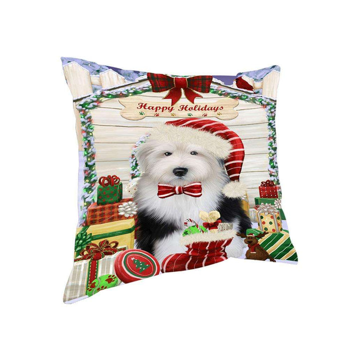 Happy Holidays Christmas Old English Sheepdog House With Presents Pillow PIL64808