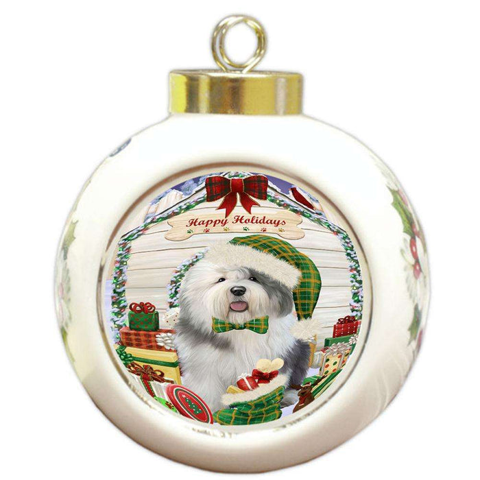 Happy Holidays Christmas Old English Sheepdog House With Presents Round Ball Christmas Ornament RBPOR52108