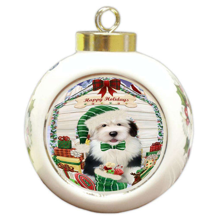 Happy Holidays Christmas Old English Sheepdog House With Presents Round Ball Christmas Ornament RBPOR52109