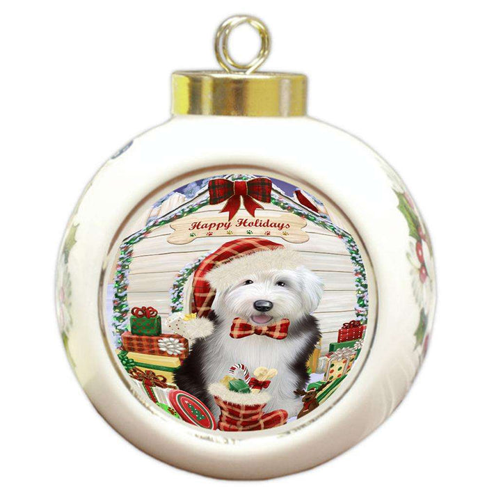 Happy Holidays Christmas Old English Sheepdog House With Presents Round Ball Christmas Ornament RBPOR52110