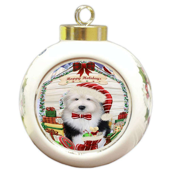 Happy Holidays Christmas Old English Sheepdog House With Presents Round Ball Christmas Ornament RBPOR52111