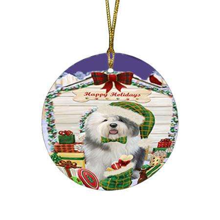 Happy Holidays Christmas Old English Sheepdog House With Presents Round Flat Christmas Ornament RFPOR52099